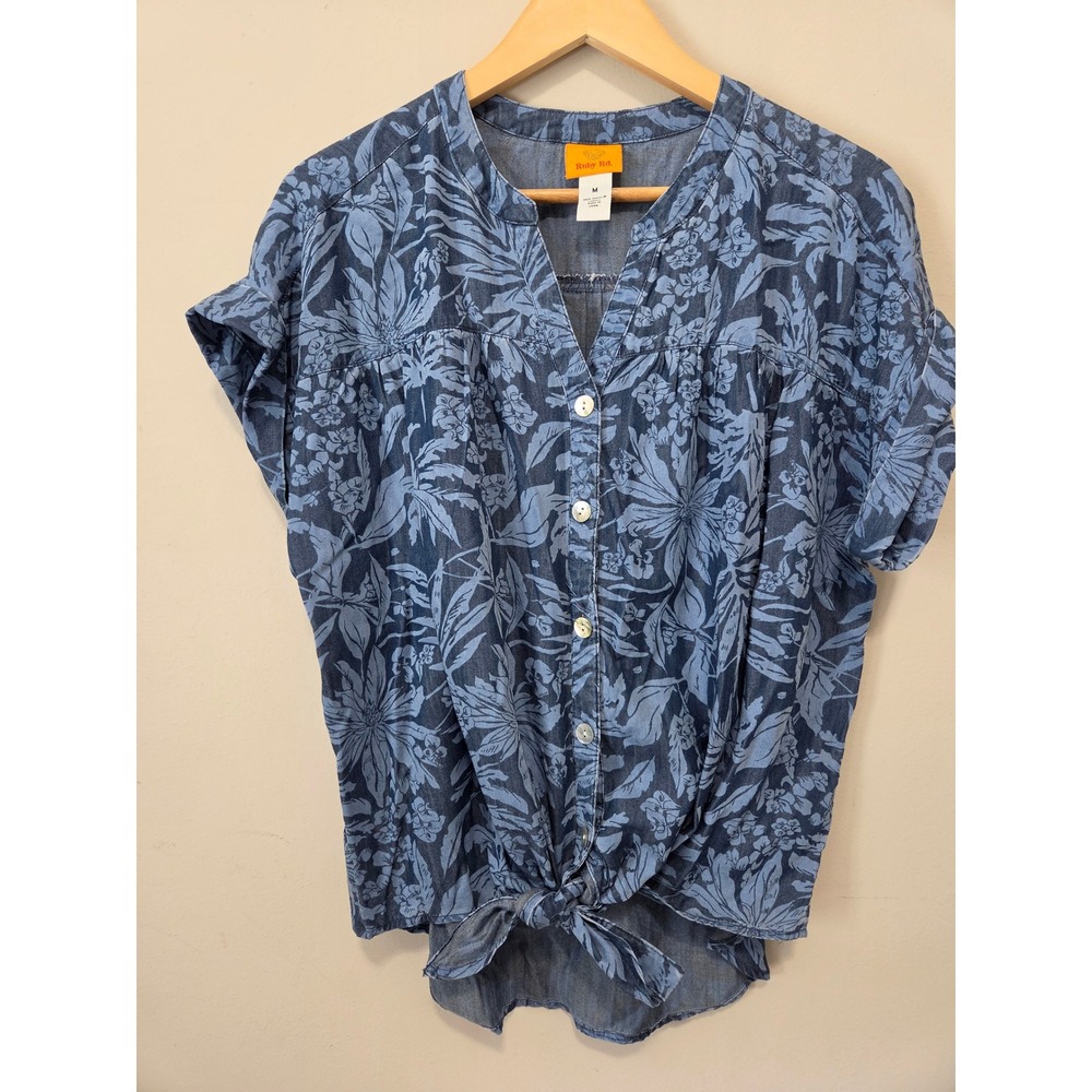 Ruby Rd Women Blue Floral 100% Tencel Lyocell Button Front Tie Hem Blouse Medium